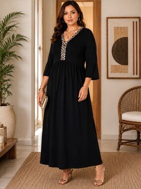 Kate Spade Leopard-Print Trim Caftan Jersey Knit MIDI Dress Large